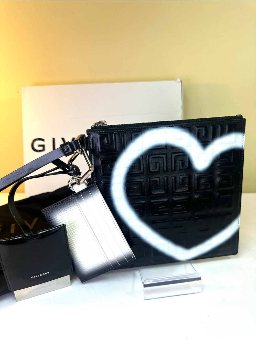 Givenchy Monogram Embossed Heart Print Clutch, card case, charm box bag COA